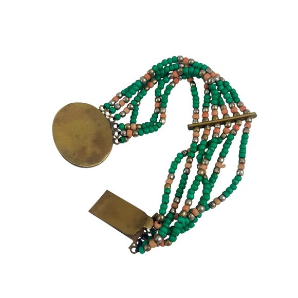 Vintage Multi-Strand Beaded Bracelet With Green Cabochon & Brass Accents Ethnic - Picture 7 of 9
